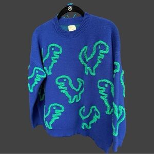 Women's Royal Blue Crewneck Sweater with Green Dino Motif